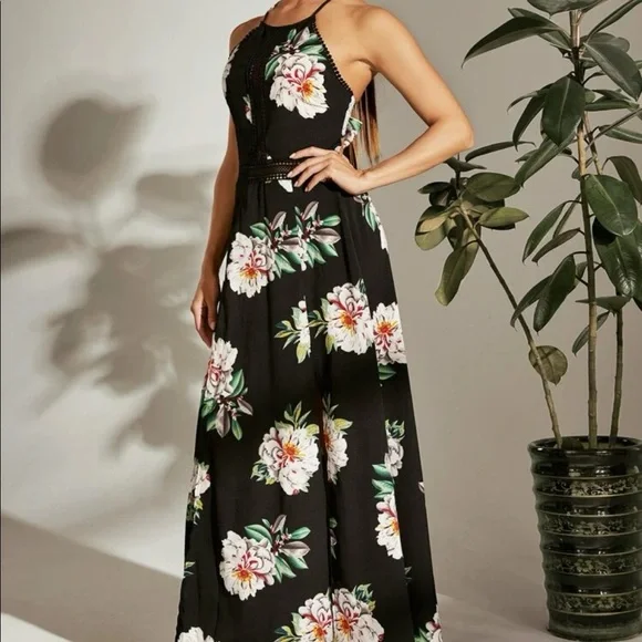 SHEIN | Dresses | Shein Lace Front Back Tie Split Leg Black Floral Cami  Dress | Poshmark